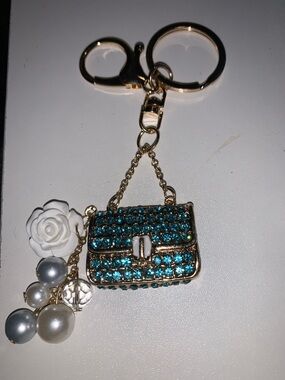 Teal Crystal Purse/bag charm Keychain with Pearl & Rose Charms